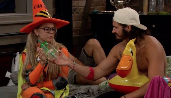 Nicole in her safety costume and Victor with his ducky inner tube